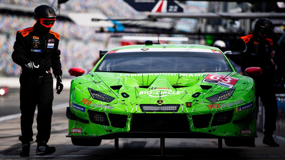 One of TR3 Racing's Lamborghini Huracán GT3 EVO race cars at the Daytona International Speedway.