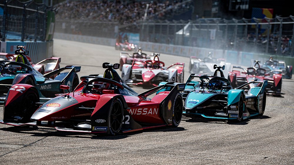 Cars competing in a Formula E race