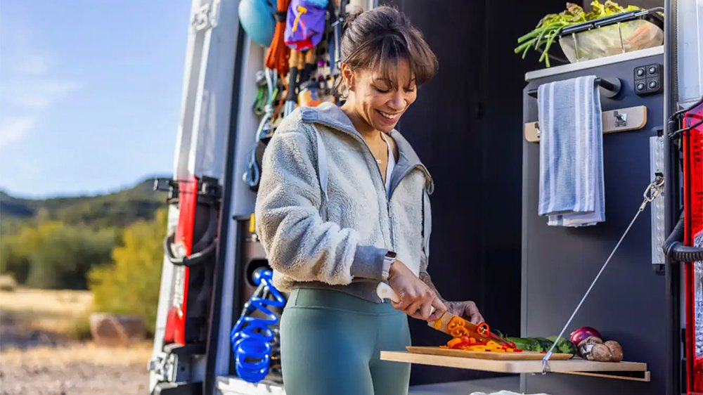 The e-RV's kitchen features everything you need to make a meal