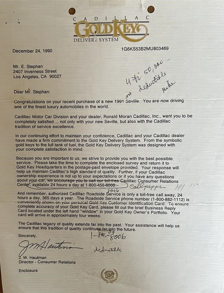 Cadillac Gold Key Delivery System letter
