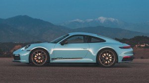 A 2023 Porsche 911 Carrera T in Gulf Blue.
