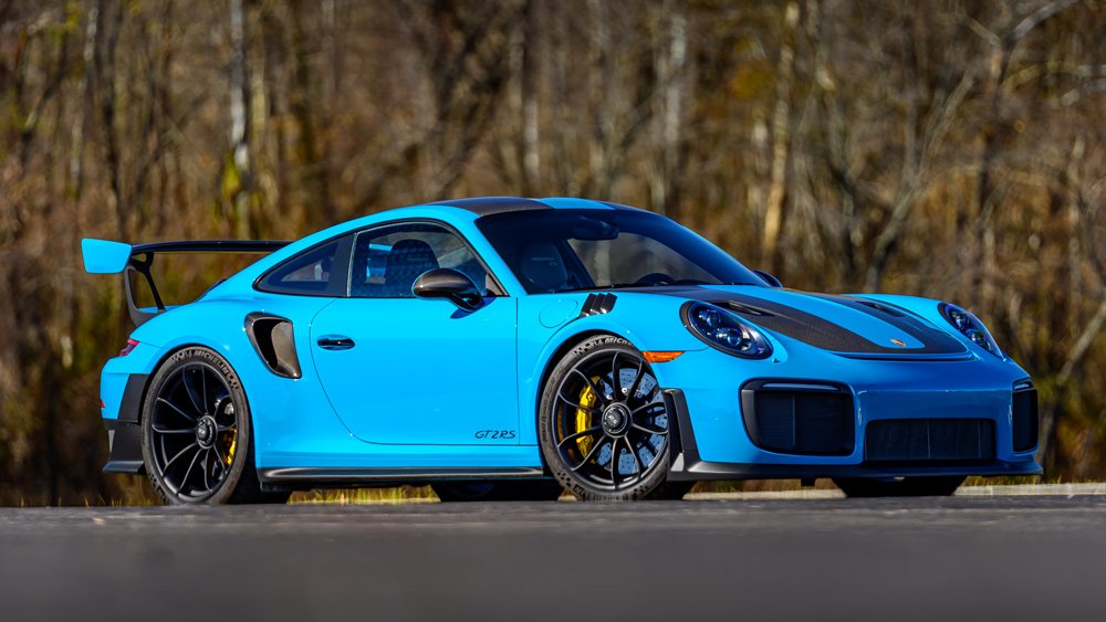 A 2019 Porsche 911 GT2 RS in Miami Blue.
