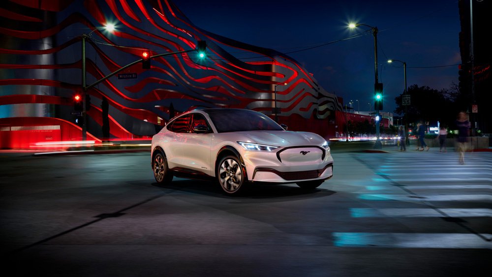 Ford's Mach-E electric crossover in front of the Petersen Automotive Museum in Los Angeles.