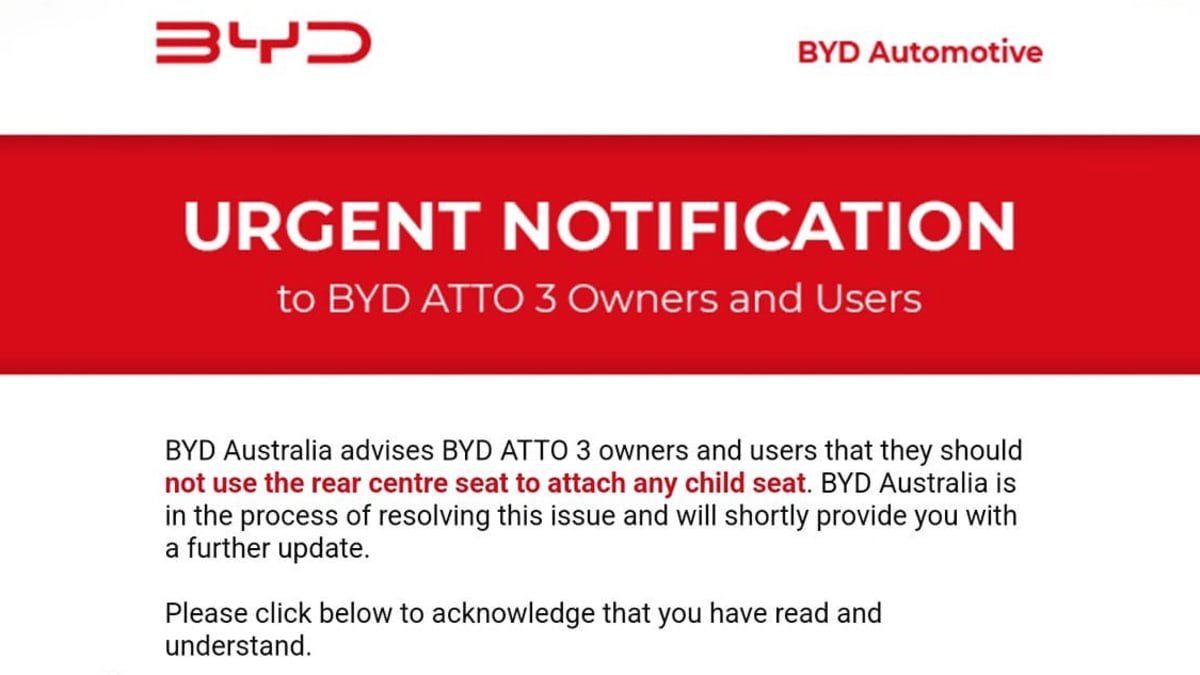 Safety bulletin issued for BYD Atto 3-0