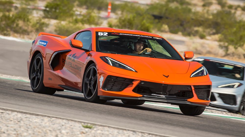 Driving a C8 Corvette at the Ron Fellows Performance Driving School.