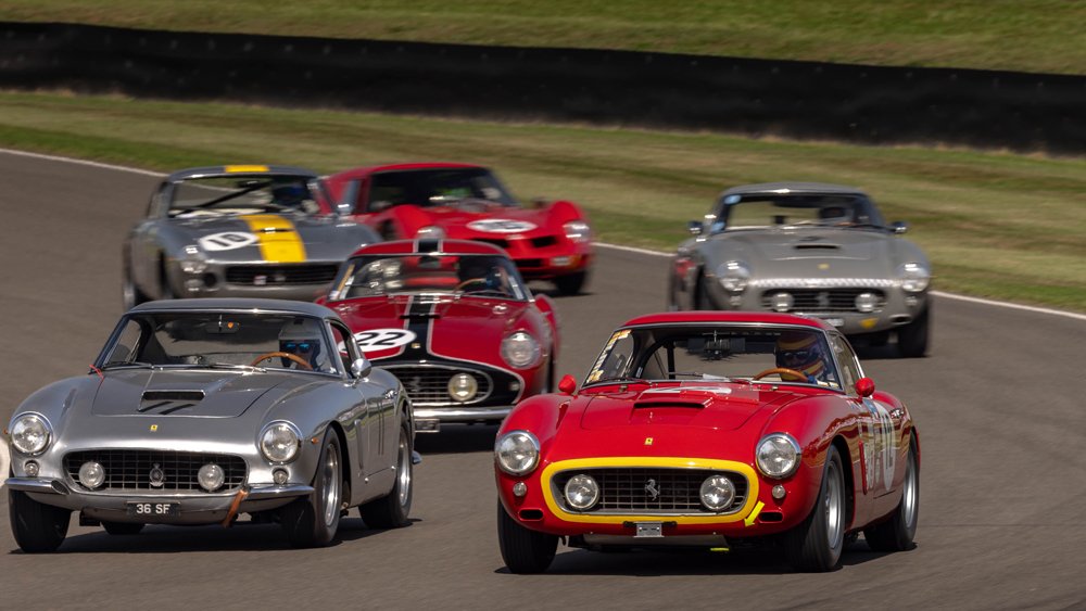 Classic Ferraris racing at the 2023 Goodwood Revival.