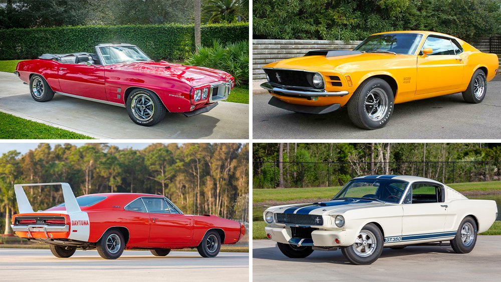 Clockwise from top left: a 1969 Pontiac Firebird Convertible, a 1970 Ford Mustang Boss 429, a 1965 Shelby G.T.350R Fastback, and a 1969 Dodge Charger Daytona.