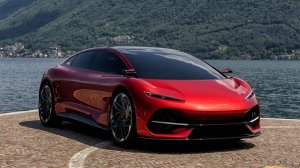 The Aehra Sedan concept parked on a dock