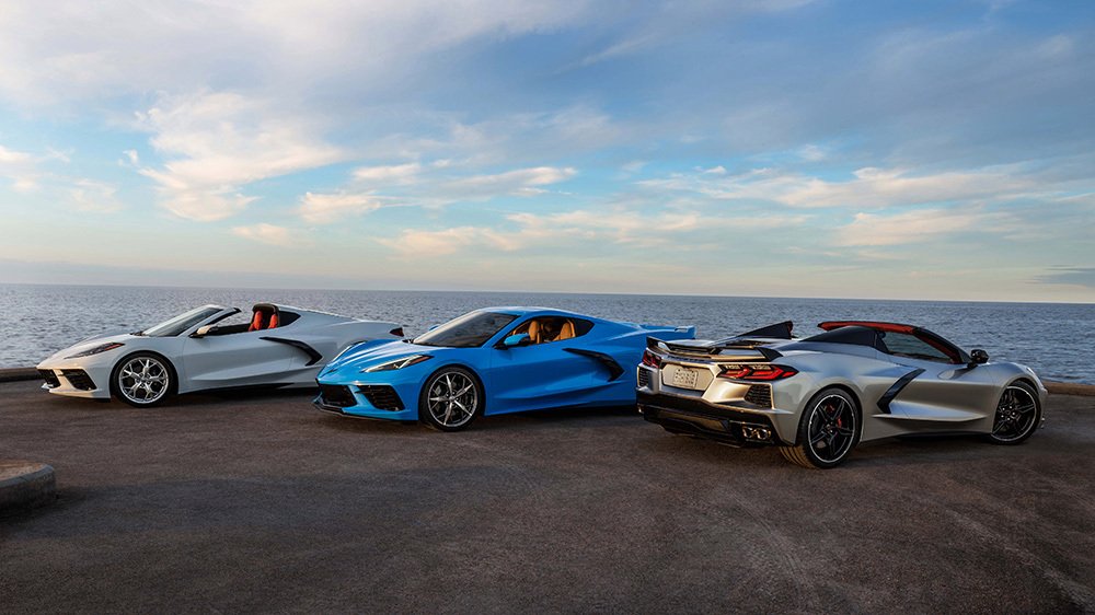 2021 Chevrolet Corvette Stingray Coupe and Convertible (far right in new Silver Flare Metallic)