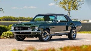 A front 3/4 view of the Carroll Shelby-commissioned 1968 Ford Mustang Green Hornet replica