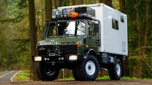 A front 3/4 view of the 1987 Mercedes-Benz Unimog U1300L camper conversion