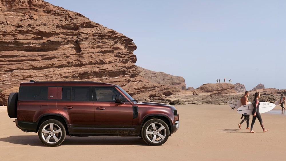 The 2023 Land Rover Defender 130 on a beach