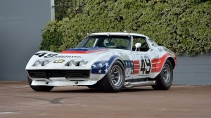 A front 3/4 view of the 1969 Chevrolet Corvette Greenwood race car