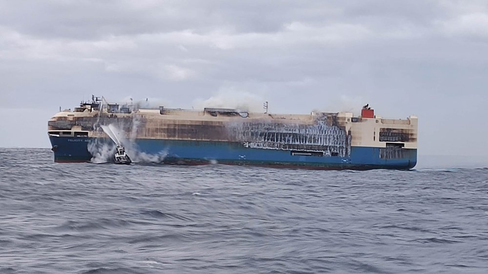 The Felicity Ace on fire off the coast of the Azore Islands