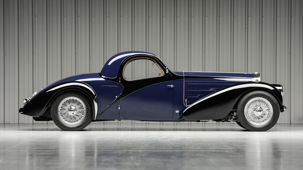 A 1938 Bugatti Type 57S Atalante Coupé.