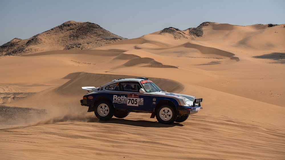 The interior of a 1982 Porsche 911SC that raced in the Dakar Classic.