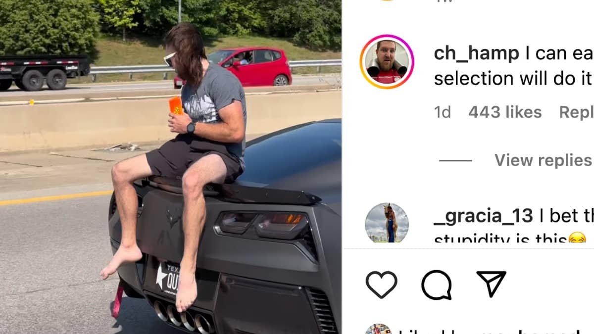 Video – Insta-idiot rides on the back of a Corvette on US highway