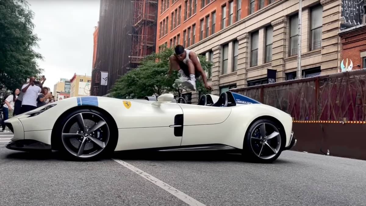 Watch pro skateboarder Tyshawn Jones jump over a $7 million Ferrari Monza SP2