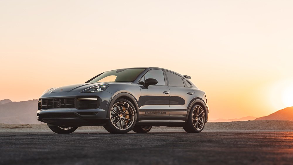 The 2022 Porsche Cayenne Turbo GT at sunset.